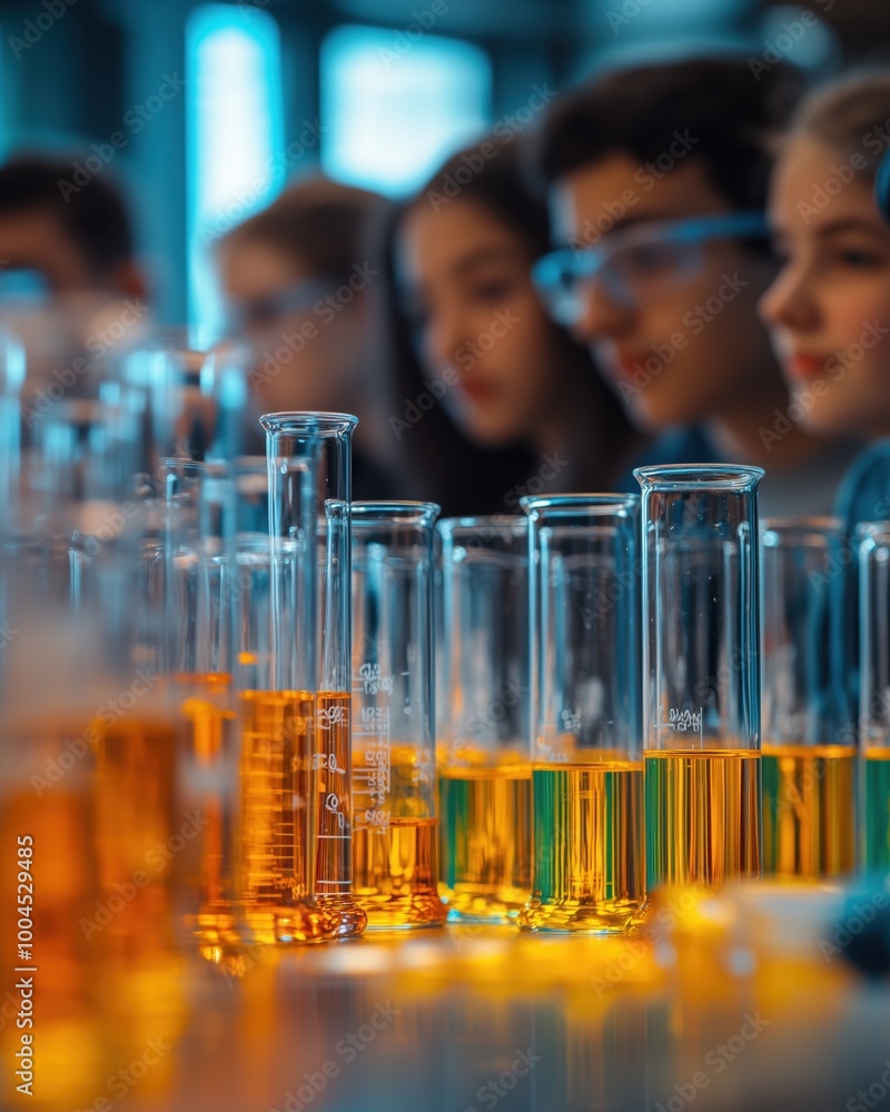A scientist conducting a chemistry experiment with colorful liquids in test tubes, surrounded by attentive students. A scientist conducting a chemistry experiment with colorful liquids in test tubes, surrounded by attentive students.