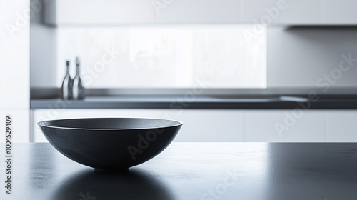 A modern, minimalist kitchen with a matte black countertop and one ceramic bowl placed in the center. The space is bright, with no other items in sight, creating a sleek, uncluttered look