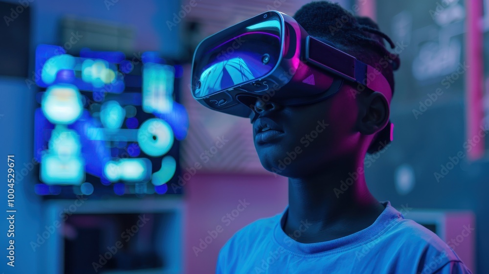 A young black man wearing a blue shirt is looking at a computer screen with a vi A young black man wearing a blue shirt is looking at a computer screen with a vi