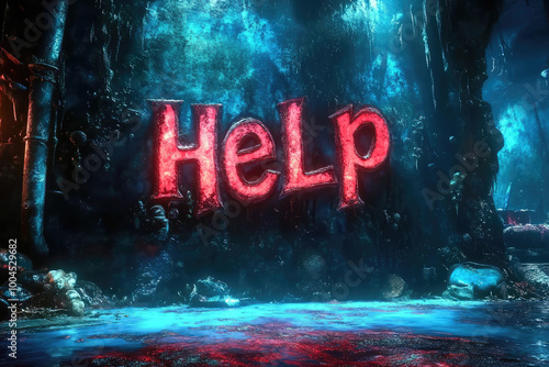 An abstract artistic rendering featuring the word 'Help' boldly inscribed in vivid red and blue colors against a dark, mysterious backdrop, invoking urgency and emotion.