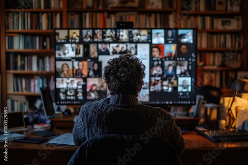 A tutor conducting an online class from a home office, engaging with students on a large screen.