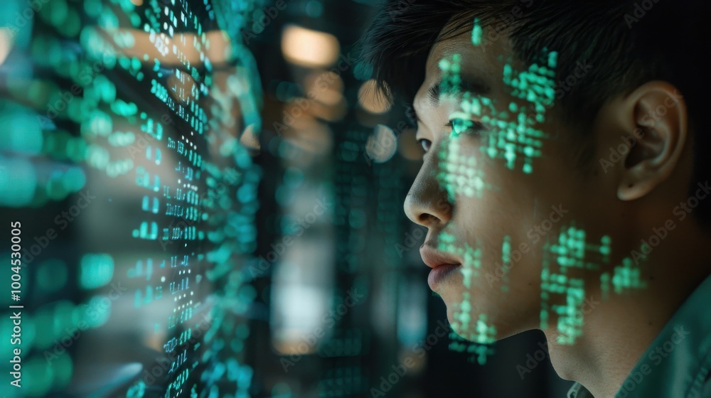 A man is looking at a computer screen with a green screen A man is looking at a computer screen with a green screen