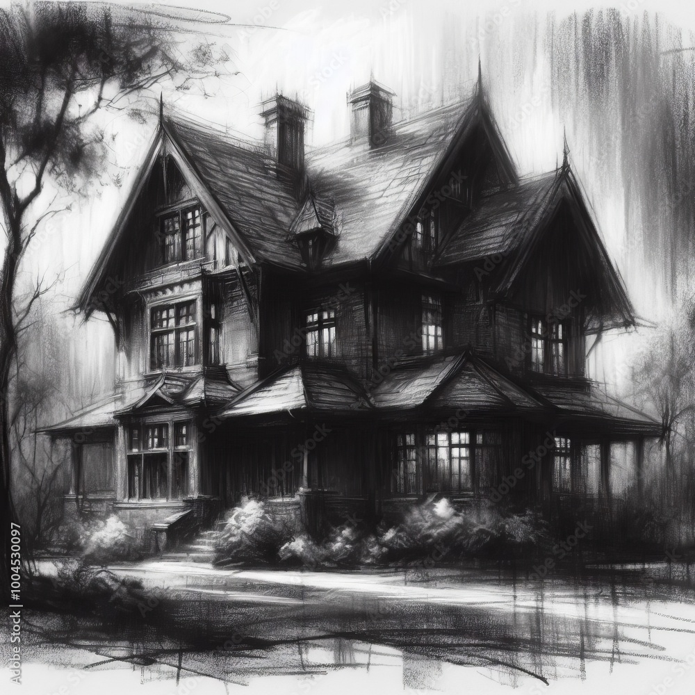 Monochrome Charcoal The house is rendered in varying shades of b Monochrome Charcoal The house is rendered in varying shades of b