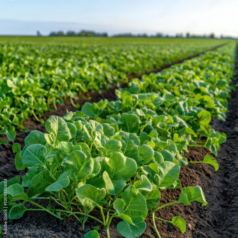 Lush green crops thrive in farming field, showcasing healthy growth and rich soil. vibrant leaves reflect sunlight, creating serene agricultural landscape Lush green crops thrive in farming field, showcasing healthy growth and rich soil. vibrant leaves reflect sunlight, creating serene agricultural landscape