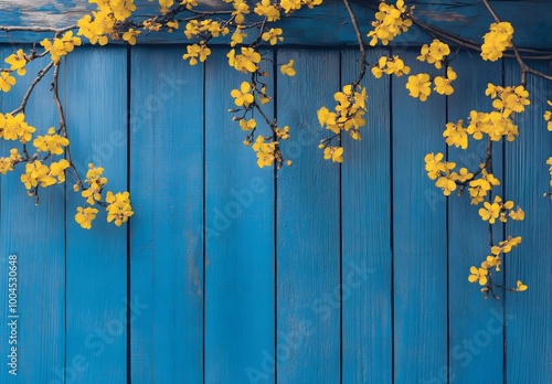 Yellow Flowers on Blue Wooden Background, Minimalist Photography Backdrop