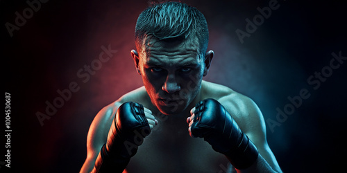 Athletic Boxing Boxer looking Intense, Impact Sport Fighter Fighting in the Ring, Boxing Gloves, Sweat, Fitness photo