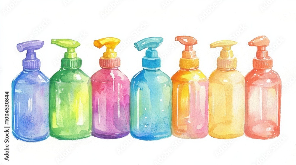 Colorful array of pump bottles displayed in a row, showcasing various shapes and sizes, each with a vibrant hue Colorful array of pump bottles displayed in a row, showcasing various shapes and sizes, each with a vibrant hue