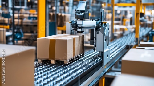 Automated packaging process in a modern warehouse showcasing sorting and transportation of goods during daylight hours