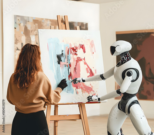 Creative Collaboration Between Robot And Woman Creating Modern Art On Canvas. Scene Depicts Innovation And Creativity photo