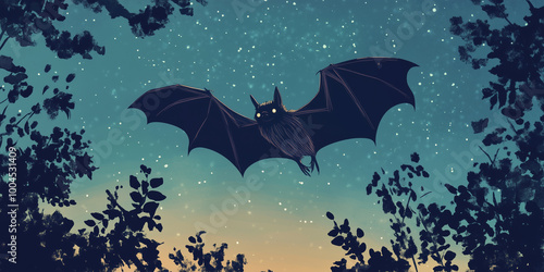 Bat in flight with wings fully extended against a night sky, animal illustration