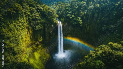 A stunning rainbow beautifully spans across the waterfall, surrounded by dense forest foliage, showcasing nature's vibrant colors and cascading water in bright sunlight