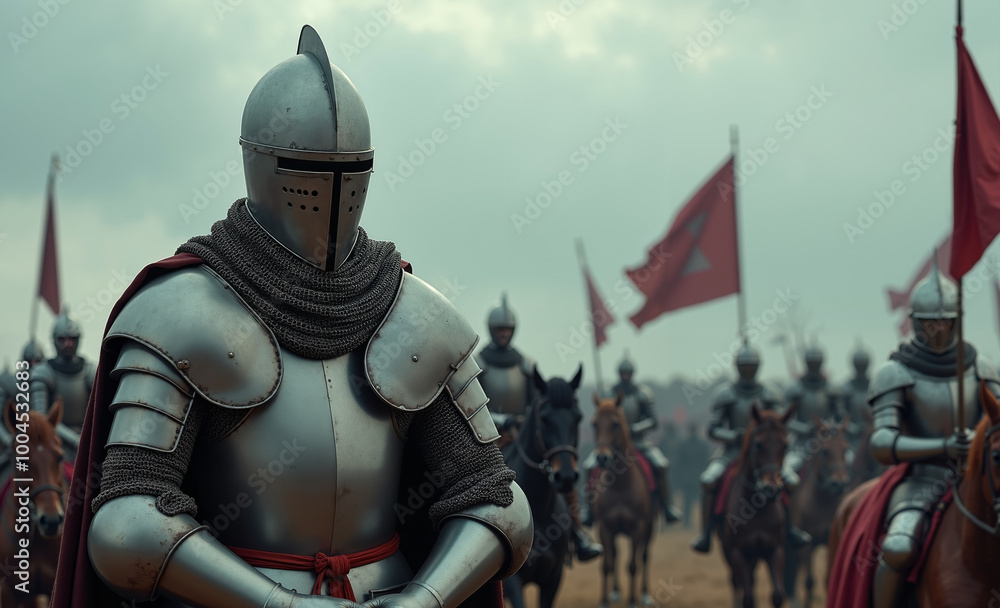 Naklejka premium portrait view of full armor knight in medieval era history, generative AI