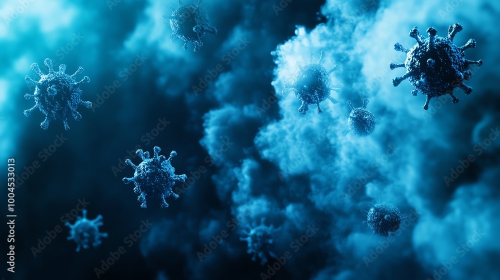 A swarm of airborne germs floating in a cloud of mist, representing contagion and disease transmission A swarm of airborne germs floating in a cloud of mist, representing contagion and disease transmission