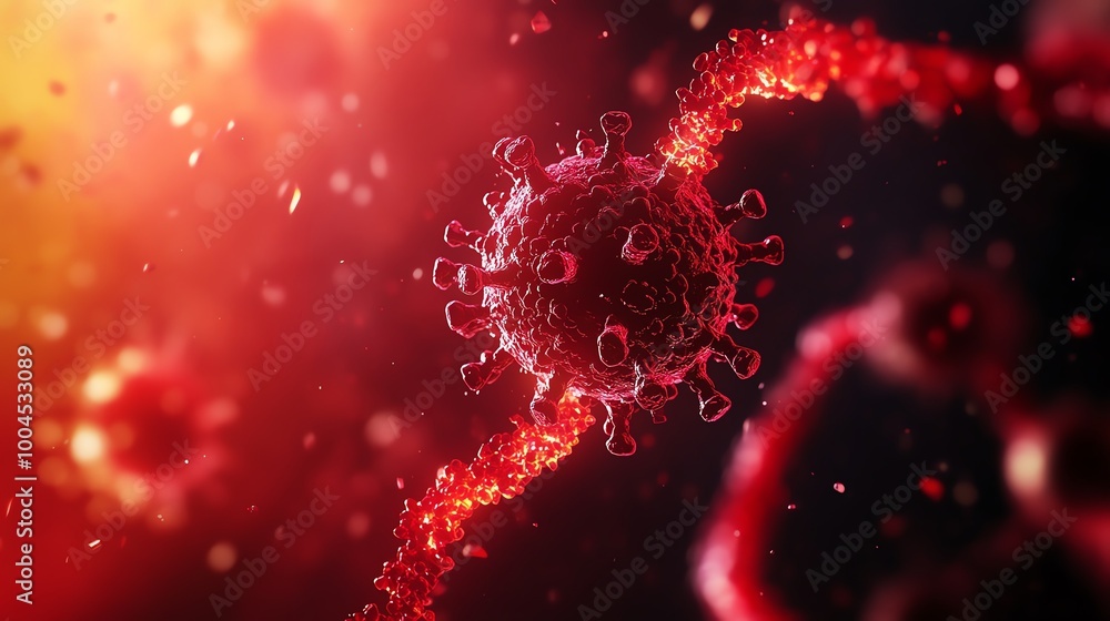 A virus hijacking a healthy cell, inserting its DNA, with a detailed close-up of the cellular process A virus hijacking a healthy cell, inserting its DNA, with a detailed close-up of the cellular process