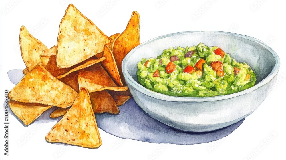 Fresh guacamole served with crispy tortilla chips in a stylish bowl, perfect for snacking before a casual gathering or party Fresh guacamole served with crispy tortilla chips in a stylish bowl, perfect for snacking before a casual gathering or party