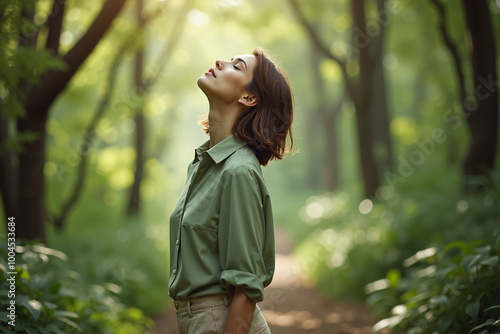 person standing looking up and enjoy the nature sense at the jungle, generative AI