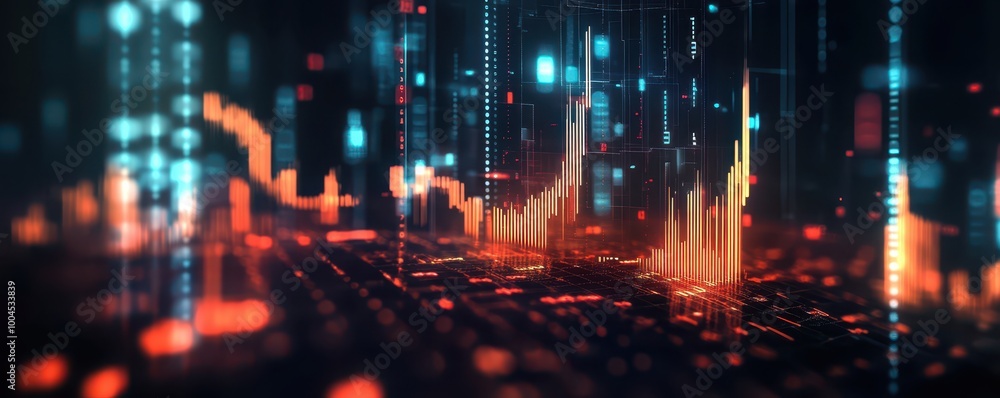 Glowing data trends with a dark background, representing cryptocurrency market analysis, copy space Glowing data trends with a dark background, representing cryptocurrency market analysis, copy space