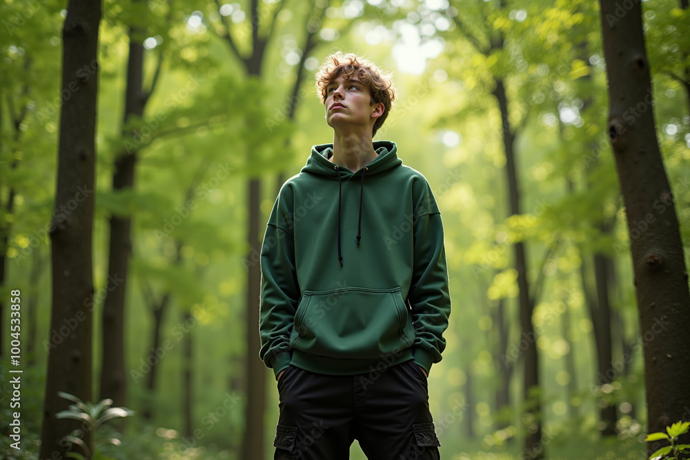 person standing looking up and enjoy the nature sense at the jungle, generative AI person standing looking up and enjoy the nature sense at the jungle, generative AI