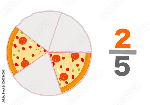 Fraction pizzas examples. Fifths two for five divide. slices whole halve 2, 5. cheap. Pie chart ratio infographic. Triplet eaten pizza slices, half remaining. Maths worksheet. Vector illustration	