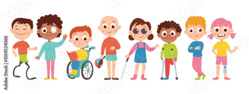 Diverse inclusive set of children. Cute disabled children. Girls and boys with bionic prostheses, wheelchair, crutches. Vector cartoon flat illustration