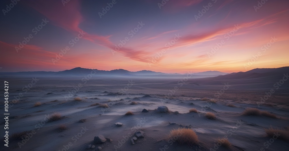Obraz premium Dry desert with a colorful sunset sky in the background, with a blurred and dreamy effect