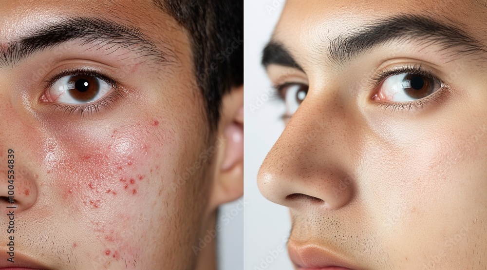 Obraz premium Before and after acne treatment collage portrait of the face of young man