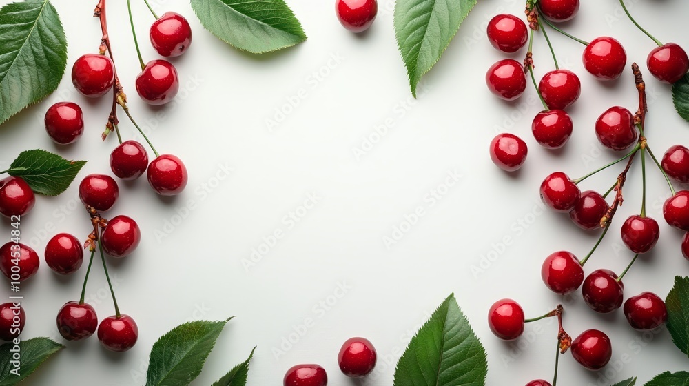 Frame made of ripe red cherries on white background, top view Frame made of ripe red cherries on white background, top view