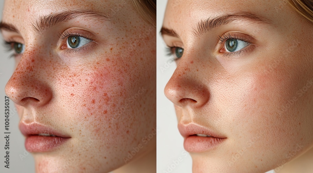 Obraz premium Before and after images of the skin on a womans face,Dramatic Before-and-After Acne Treatment Results 