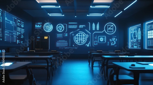 Futuristic Classroom with Blue Neon Lights