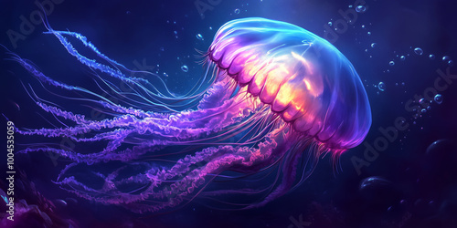 Jellyfish pulsing through open water with tentacles trailing behind, animal illustration