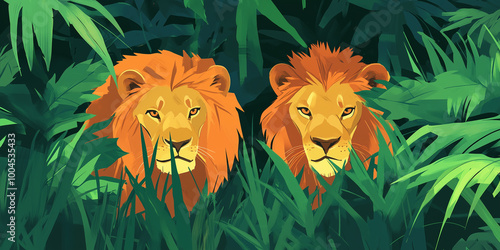 Lions stalk through tall grass, their ears forward, alert and focused on their prey, animal illustration photo