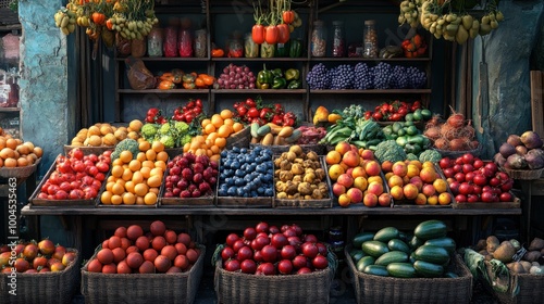 Colorful market stall, fresh fruits and vegetables, well-lit, vibrant colors.