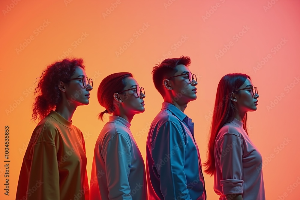 row group of person in glasses standing with gradient orange background, generative AI row group of person in glasses standing with gradient orange background, generative AI