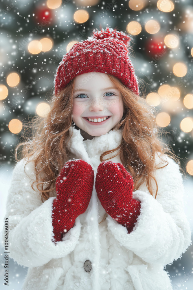 smiling happy child girl with wavy red hair, wearing a white fluffy coat and red knitted hat and red knitted mittens , is standing on the background of blurred Christmas tree outside , winter smiling happy child girl with wavy red hair, wearing a white fluffy coat and red knitted hat and red knitted mittens , is standing on the background of blurred Christmas tree outside , winter