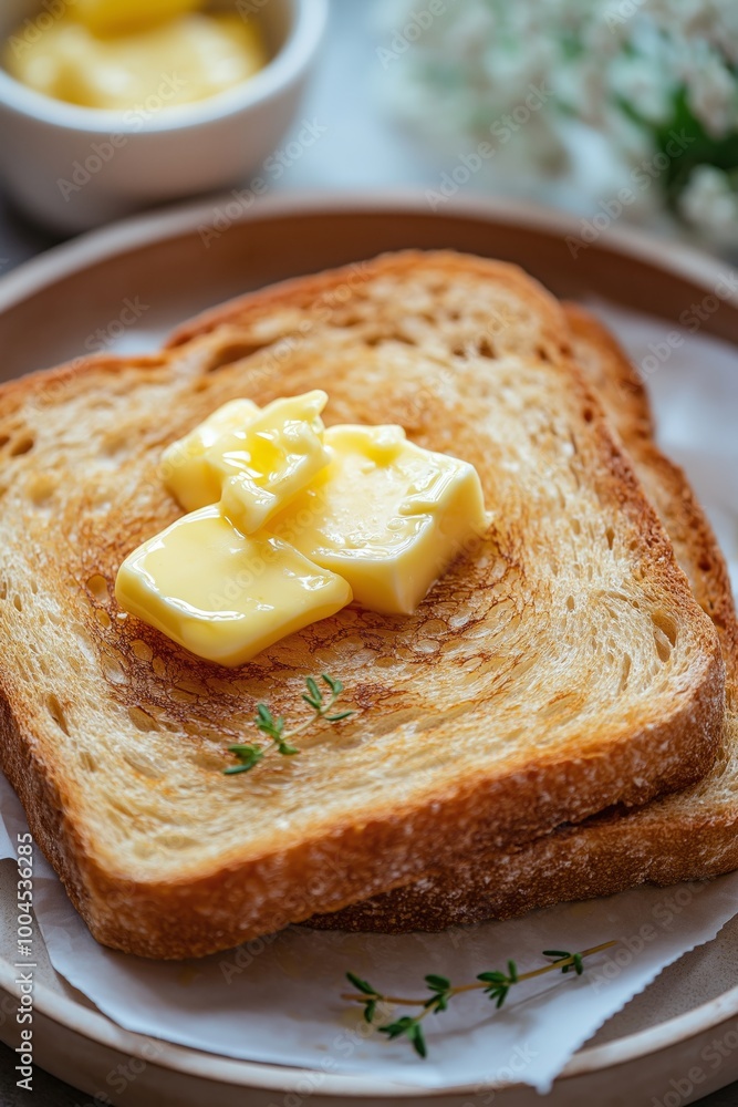 Two slices of golden toast topped with melting butter and thyme, served on a brown plate Two slices of golden toast topped with melting butter and thyme, served on a brown plate