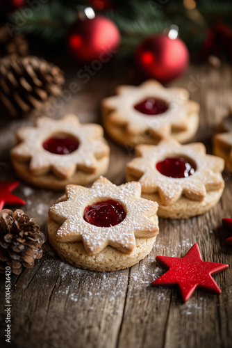 Vintage style stardust linzer cookies with jam in the center, arranged on a wooden table. The cookies are dusted with sugar, and surrounded by red stars and rustic Christmas decorations. 