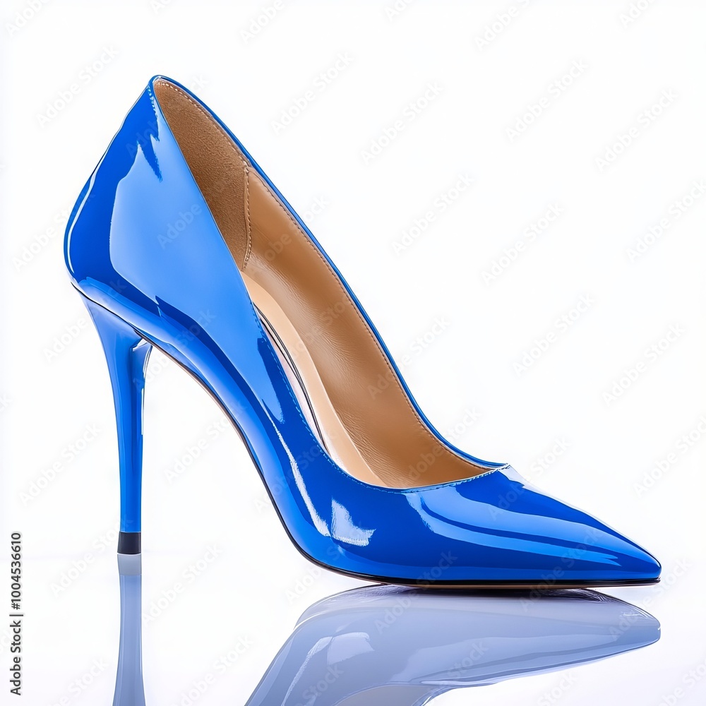 A pair of blue high heels on a reflective surface A pair of blue high heels on a reflective surface