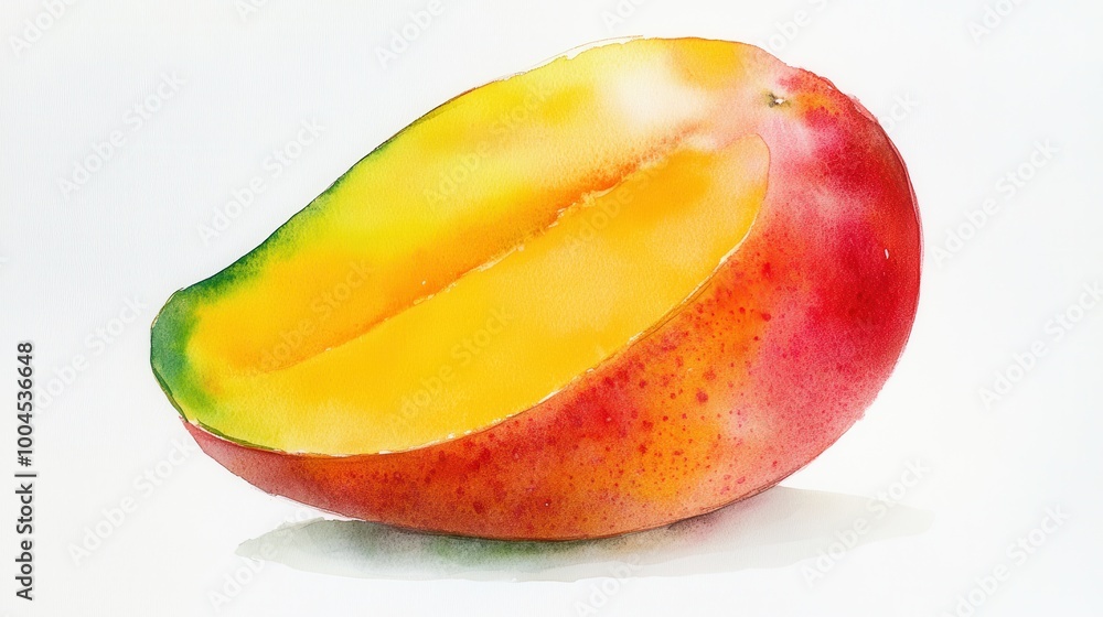 A ripe mango cut in half displaying its vibrant yellow flesh and smooth skin, set against a simple white background