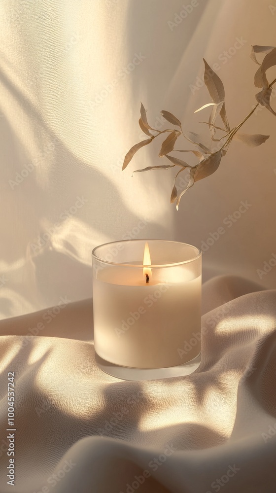 Candle with soft shadows on fabric, peaceful Candle with soft shadows on fabric, peaceful