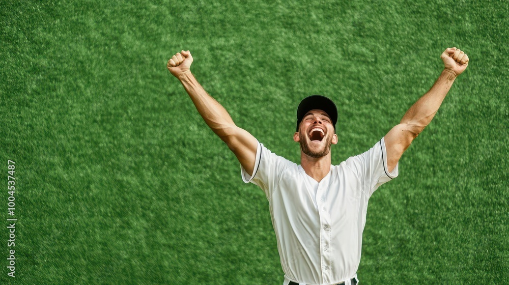 Player running into the outfield, arms raised in joy after a gamewinning catch, baseball, celebration, action Player running into the outfield, arms raised in joy after a gamewinning catch, baseball, celebration, action