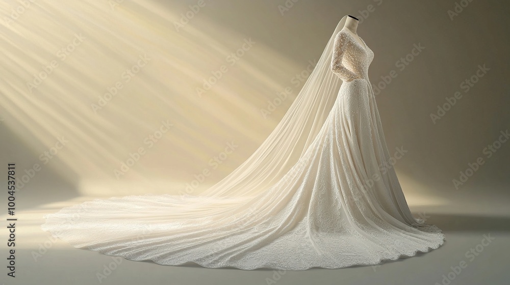 Elegant wedding dress with flowing veil. Elegant wedding dress with flowing veil.