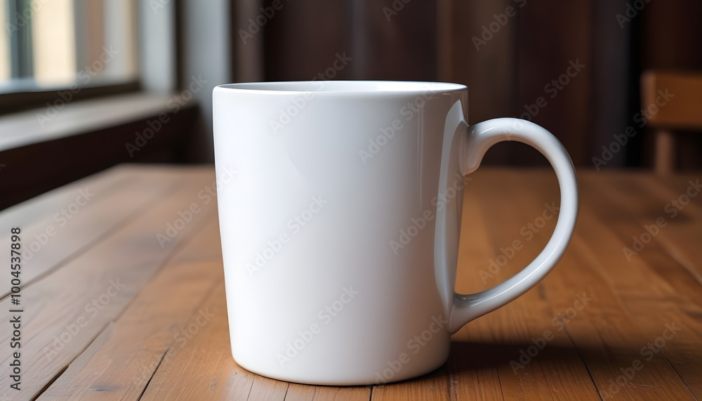 A white ceramic mug mock up on a wooden table A white ceramic mug mock up on a wooden table