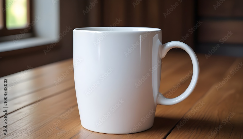 A white ceramic mug mock up on a wooden table A white ceramic mug mock up on a wooden table