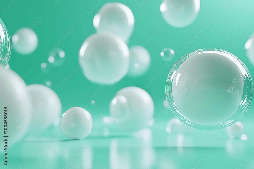 Smooth 3D render of spheres in salted caramel color, floating in a clean, minimalist space with a mint green background Smooth 3D render of spheres in salted caramel color, floating in a clean, minimalist space with a mint green background