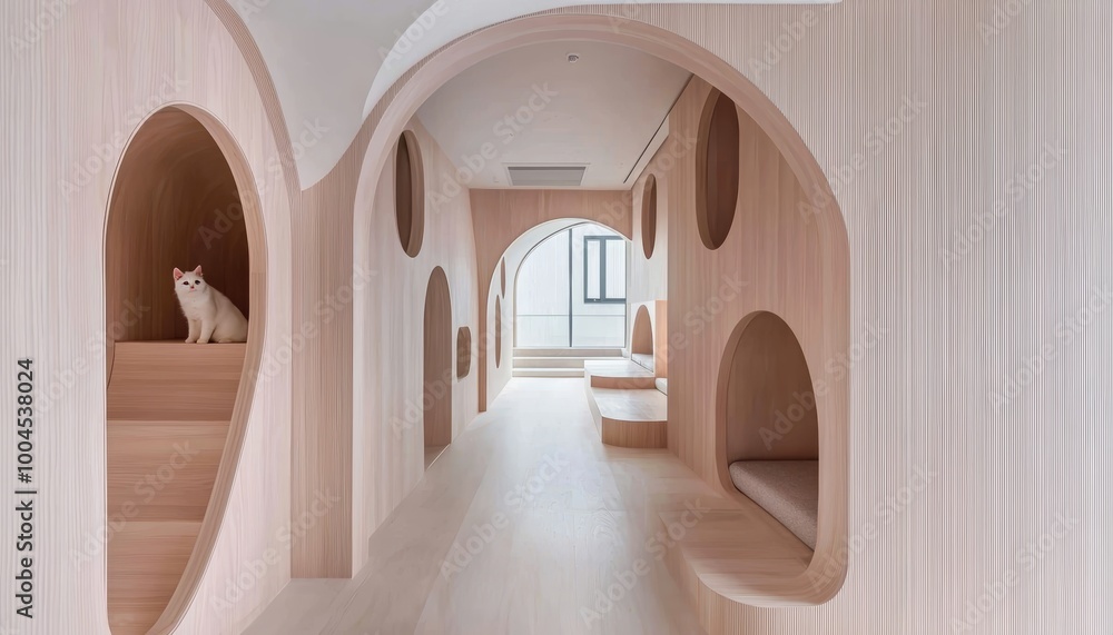 A designer cat-friendly room where natural wood structures provide climbing and lounging spots for pets, while maintaining a sleek, modern aesthetic. A designer cat-friendly room where natural wood structures provide climbing and lounging spots for pets, while maintaining a sleek, modern aesthetic.
