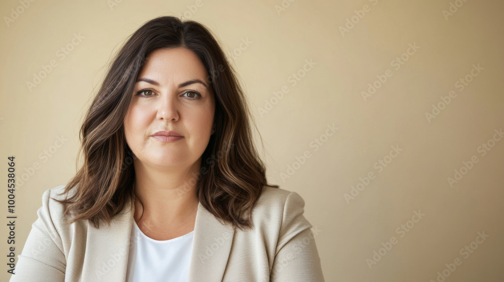 Portrait of middle aged businesswoman with dark hair and neutral expression, background Portrait of middle aged businesswoman with dark hair and neutral expression, background