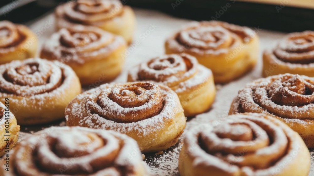Close-up of Freshly Baked Cinnamon Rolls with Powdered Sugar Close-up of Freshly Baked Cinnamon Rolls with Powdered Sugar