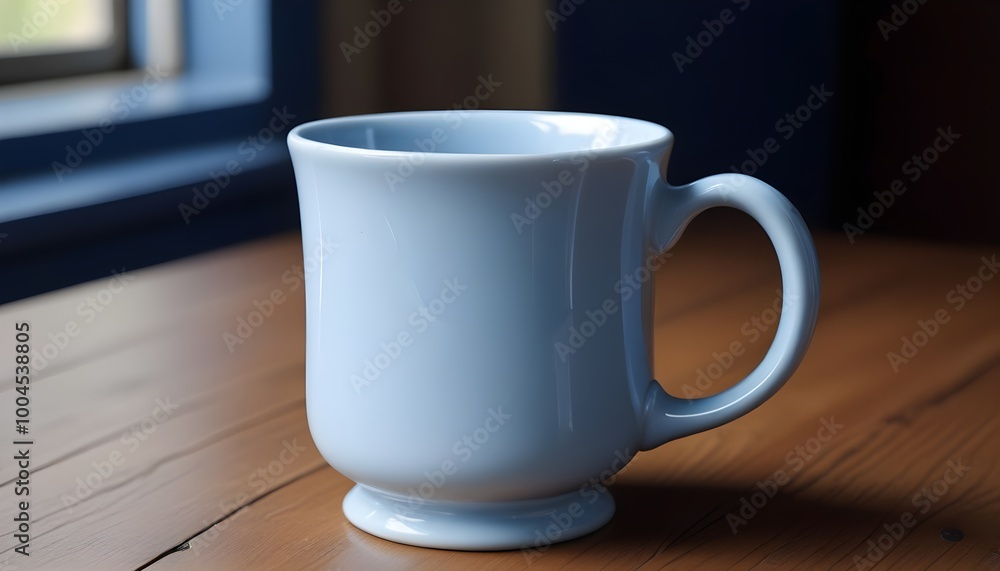A blue porcelain cup mock up on a wooden table A blue porcelain cup mock up on a wooden table