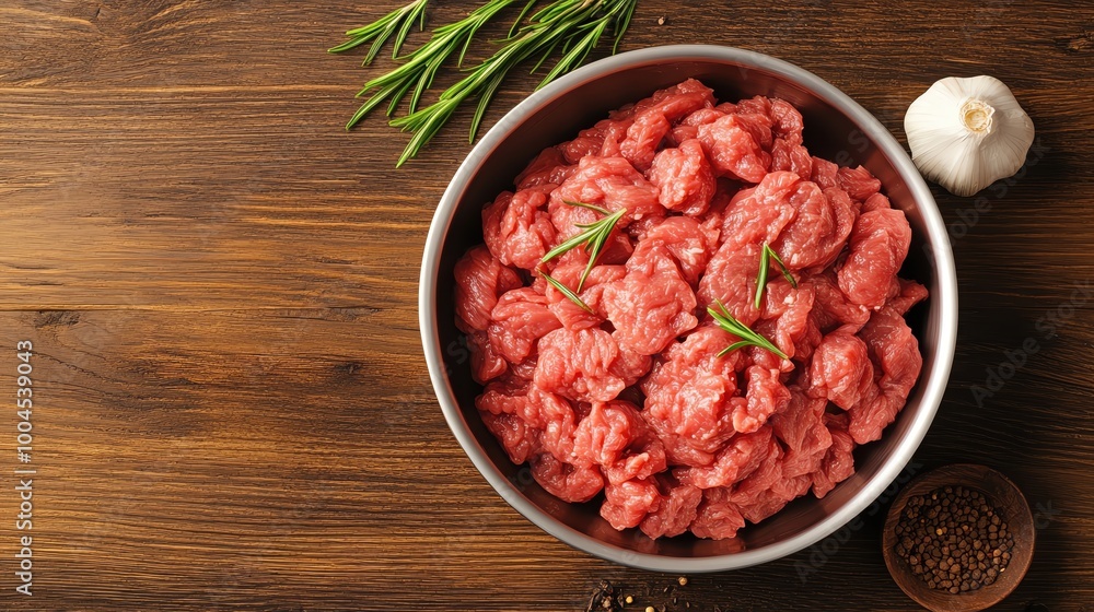 Raw minced meat in a bowl with herbs and garlic on a wooden table. Raw minced meat in a bowl with herbs and garlic on a wooden table.