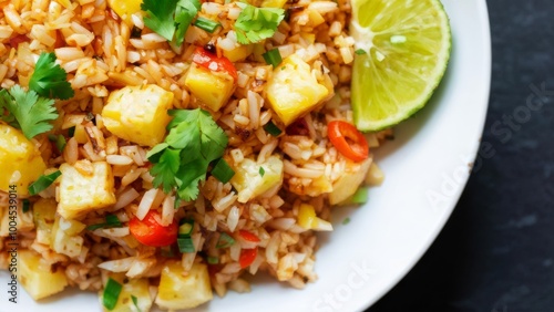 A dish with fried rice with pineapples, garnished with coriander and lime wedges.